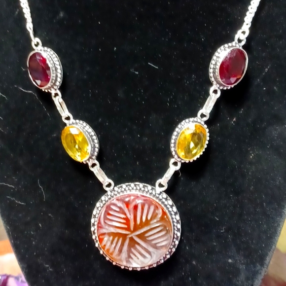 Bi-tourmeline citrine garnet silver necklace carved handmade red yellow white - Picture 5 of 5